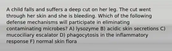 A child falls and suffers a deep cut on her leg. The cut went through her skin and she is bleeding. Which of the following defense mechanisms will participate in eliminating contaminating microbes? A) lysozyme B) acidic skin secretions C) mucociliary escalator D) phagocytosis in the inflammatory response F) normal skin flora