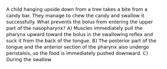 A child hanging upside down from a tree takes a bite from a candy bar. They manage to chew the candy and swallow it successfully. What prevents the bolus from entering the upper part of the nasopharynx? A) Muscles immediately pull the pharynx upward toward the bolus in the swallowing reflex and suck it from the back of the tongue. B) The posterior part of the tongue and the anterior section of the pharynx also undergo peristalsis, so the food is immediately pushed downward. C) During the swallow