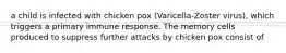 a child is infected with chicken pox (Varicella-Zoster virus), which triggers a primary immune response. The memory cells produced to suppress further attacks by chicken pox consist of