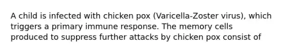 A child is infected with chicken pox (Varicella-Zoster virus), which triggers a primary immune response. The memory cells produced to suppress further attacks by chicken pox consist of