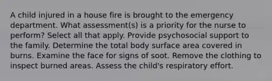 A child injured in a house fire is brought to the emergency department. What assessment(s) is a priority for the nurse to perform? Select all that apply. Provide psychosocial support to the family. Determine the total body surface area covered in burns. Examine the face for signs of soot. Remove the clothing to inspect burned areas. Assess the child's respiratory effort.