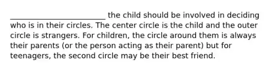 _________________________ the child should be involved in deciding who is in their circles. The center circle is the child and the outer circle is strangers. For children, the circle around them is always their parents (or the person acting as their parent) but for teenagers, the second circle may be their best friend.