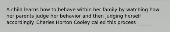 A child learns how to behave within her family by watching how her parents judge her behavior and then judging herself accordingly. Charles Horton Cooley called this process ______