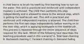 A child learns to brush his teeth by first learning how to turn on the water. This skill is practiced and reinforced until independent mastery is achieved. The child then performs this step independently and is allowed to move to the second step, which is getting the toothbrush wet. This skill is practiced and reinforced until independent mastery is attained. The child then performs the first two steps independently before moving on to the next step, which is applying toothpaste to the toothbrush. This process is repeated through the entire sequence of steps required for this task. Which of the following best describes the teaching procedure used in this scenario? A. Total task chaining B. Backward chaining C. Forward chaining D. Demand fading