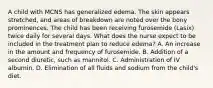 A child with MCNS has generalized edema. The skin appears stretched, and areas of breakdown are noted over the bony prominences. The child has been receiving furosemide (Lasix) twice daily for several days. What does the nurse expect to be included in the treatment plan to reduce edema? A. An increase in the amount and frequency of furosemide. B. Addition of a second diuretic, such as mannitol. C. Administration of IV albumin. D. Elimination of all fluids and sodium from the child's diet.