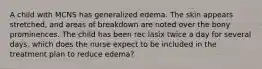 A child with MCNS has generalized edema. The skin appears stretched, and areas of breakdown are noted over the bony prominences. The child has been rec lasix twice a day for several days. which does the nurse expect to be included in the treatment plan to reduce edema?