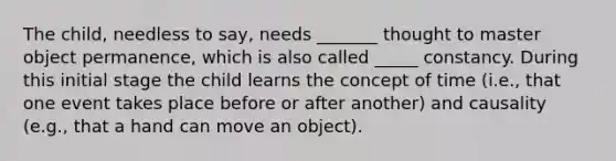 The child, needless to say, needs _______ thought to master object permanence, which is also called _____ constancy. During this initial stage the child learns the concept of time (i.e., that one event takes place before or after another) and causality (e.g., that a hand can move an object).