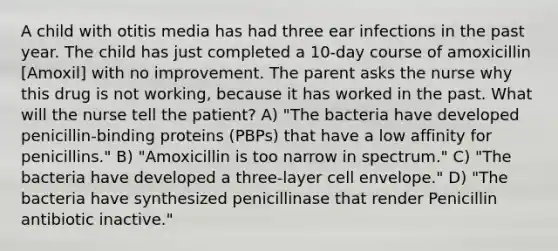 A child with otitis media has had three ear infections in the past year. The child has just completed a 10-day course of amoxicillin [Amoxil] with no improvement. The parent asks the nurse why this drug is not working, because it has worked in the past. What will the nurse tell the patient? A) "The bacteria have developed penicillin-binding proteins (PBPs) that have a low affinity for penicillins." B) "Amoxicillin is too narrow in spectrum." C) "The bacteria have developed a three-layer cell envelope." D) "The bacteria have synthesized penicillinase that render Penicillin antibiotic inactive."