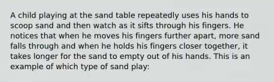 A child playing at the sand table repeatedly uses his hands to scoop sand and then watch as it sifts through his fingers. He notices that when he moves his fingers further apart, more sand falls through and when he holds his fingers closer together, it takes longer for the sand to empty out of his hands. This is an example of which type of sand play: