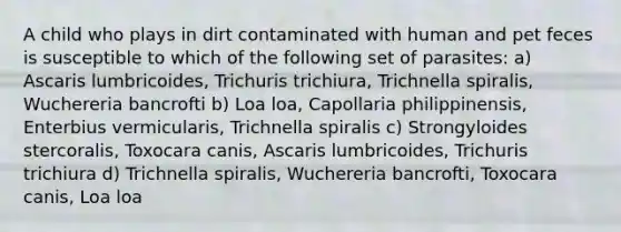 A child who plays in dirt contaminated with human and pet feces is susceptible to which of the following set of parasites: a) Ascaris lumbricoides, Trichuris trichiura, Trichnella spiralis, Wuchereria bancrofti b) Loa loa, Capollaria philippinensis, Enterbius vermicularis, Trichnella spiralis c) Strongyloides stercoralis, Toxocara canis, Ascaris lumbricoides, Trichuris trichiura d) Trichnella spiralis, Wuchereria bancrofti, Toxocara canis, Loa loa