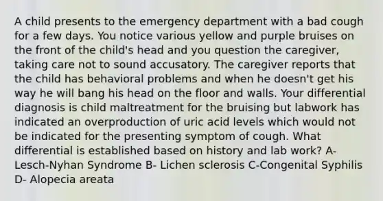 A child presents to the emergency department with a bad cough for a few days. You notice various yellow and purple bruises on the front of the child's head and you question the caregiver, taking care not to sound accusatory. The caregiver reports that the child has behavioral problems and when he doesn't get his way he will bang his head on the floor and walls. Your differential diagnosis is child maltreatment for the bruising but labwork has indicated an overproduction of uric acid levels which would not be indicated for the presenting symptom of cough. What differential is established based on history and lab work? A- Lesch-Nyhan Syndrome B- Lichen sclerosis C-Congenital Syphilis D- Alopecia areata