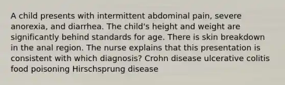 A child presents with intermittent abdominal pain, severe anorexia, and diarrhea. The child's height and weight are significantly behind standards for age. There is skin breakdown in the anal region. The nurse explains that this presentation is consistent with which diagnosis? Crohn disease ulcerative colitis food poisoning Hirschsprung disease