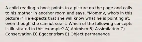 A child reading a book points to a picture on the page and calls to his mother in another room and says, "Mommy, who's in this picture?" He expects that she will know what he is pointing at, even though she cannot see it. Which of the following concepts is illustrated in this example? A) Animism B) Assimilation C) Conservation D) Egocentrism E) Object permanence