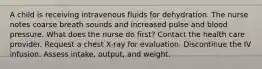 A child is receiving intravenous fluids for dehydration. The nurse notes coarse breath sounds and increased pulse and blood pressure. What does the nurse do first? Contact the health care provider. Request a chest X-ray for evaluation. Discontinue the IV infusion. Assess intake, output, and weight.