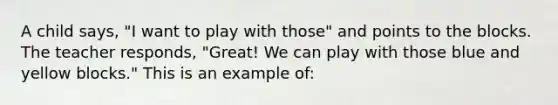 A child says, "I want to play with those" and points to the blocks. The teacher responds, "Great! We can play with those blue and yellow blocks." This is an example of: