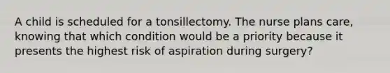 A child is scheduled for a tonsillectomy. The nurse plans care, knowing that which condition would be a priority because it presents the highest risk of aspiration during surgery?