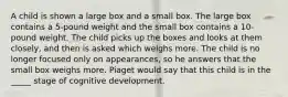 A child is shown a large box and a small box. The large box contains a 5-pound weight and the small box contains a 10-pound weight. The child picks up the boxes and looks at them closely, and then is asked which weighs more. The child is no longer focused only on appearances, so he answers that the small box weighs more. Piaget would say that this child is in the _____ stage of cognitive development.