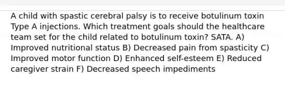 A child with spastic cerebral palsy is to receive botulinum toxin Type A injections. Which treatment goals should the healthcare team set for the child related to botulinum toxin? SATA. A) Improved nutritional status B) Decreased pain from spasticity C) Improved motor function D) Enhanced self-esteem E) Reduced caregiver strain F) Decreased speech impediments