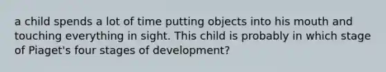 a child spends a lot of time putting objects into his mouth and touching everything in sight. This child is probably in which stage of Piaget's four stages of development?