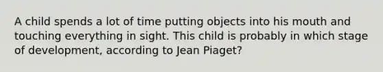 A child spends a lot of time putting objects into his mouth and touching everything in sight. This child is probably in which stage of development, according to <a href='https://www.questionai.com/knowledge/kLmR0js1UL-jean-piaget' class='anchor-knowledge'>jean piaget</a>?