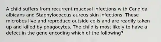 A child suffers from recurrent mucosal infections with Candida albicans and Staphylococcus aureus skin infections. These microbes live and reproduce outside cells and are readily taken up and killed by phagocytes. The child is most likely to have a defect in the gene encoding which of the following?