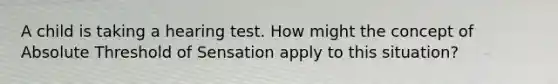 A child is taking a hearing test. How might the concept of Absolute Threshold of Sensation apply to this situation?