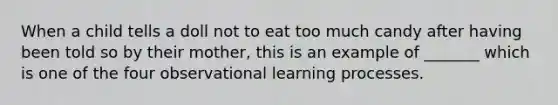 When a child tells a doll not to eat too much candy after having been told so by their mother, this is an example of _______ which is one of the four observational learning processes.