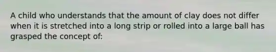 A child who understands that the amount of clay does not differ when it is stretched into a long strip or rolled into a large ball has grasped the concept of: