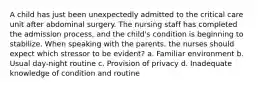 A child has just been unexpectedly admitted to the critical care unit after abdominal surgery. The nursing staff has completed the admission process, and the child's condition is beginning to stabilize. When speaking with the parents, the nurses should expect which stressor to be evident? a. Familiar environment b. Usual day-night routine c. Provision of privacy d. Inadequate knowledge of condition and routine