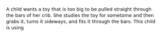 A child wants a toy that is too big to be pulled straight through the bars of her crib. She studies the toy for sometome and then grabs it, turns it sideways, and fits it through the bars. This child is using