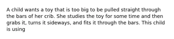 A child wants a toy that is too big to be pulled straight through the bars of her crib. She studies the toy for some time and then grabs it, turns it sideways, and fits it through the bars. This child is using