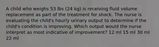 A child who weighs 53 lbs (24 kg) is receiving fluid volume replacement as part of the treatment for shock. The nurse is evaluating the child's hourly urinary output to determine if the child's condition is improving. Which output would the nurse interpret as most indicative of improvement? 12 ml 15 ml 30 ml 22 ml