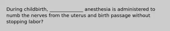 During childbirth, ______________ anesthesia is administered to numb the nerves from the uterus and birth passage without stopping labor?