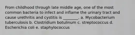 From childhood through late middle age, one of the most common bacteria to infect and inflame the urinary tract and cause urethritis and cystitis is ________. a. Mycobacterium tuberculosis b. Clostridium botulinum c. streptococcus d. Escherichia coli e. staphylococcus