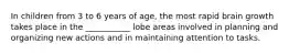 In children from 3 to 6 years of age, the most rapid brain growth takes place in the ___________ lobe areas involved in planning and organizing new actions and in maintaining attention to tasks.