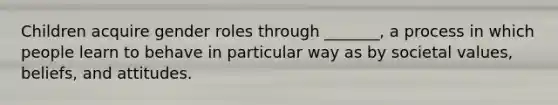 Children acquire gender roles through _______, a process in which people learn to behave in particular way as by societal values, beliefs, and attitudes.