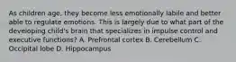 As children age, they become less emotionally labile and better able to regulate emotions. This is largely due to what part of the developing child's brain that specializes in impulse control and executive functions? A. Prefrontal cortex B. Cerebellum C. Occipital lobe D. Hippocampus