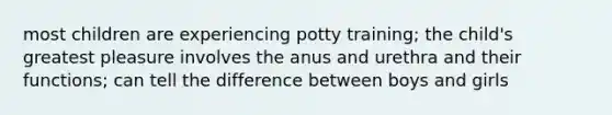 most children are experiencing potty training; the child's greatest pleasure involves the anus and urethra and their functions; can tell the difference between boys and girls