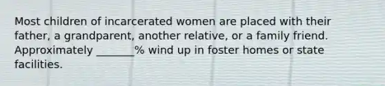 Most children of incarcerated women are placed with their father, a grandparent, another relative, or a family friend. Approximately _______% wind up in foster homes or state facilities.