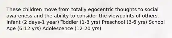 These children move from totally egocentric thoughts to social awareness and the ability to consider the viewpoints of others. Infant (2 days-1 year) Toddler (1-3 yrs) Preschool (3-6 yrs) School Age (6-12 yrs) Adolescence (12-20 yrs)