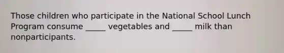 Those children who participate in the National School Lunch Program consume _____ vegetables and _____ milk than nonparticipants.