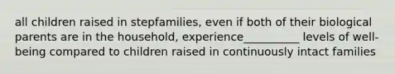 all children raised in stepfamilies, even if both of their biological parents are in the household, experience__________ levels of well-being compared to children raised in continuously intact families