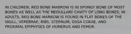 IN CHILDREN, RED BONE MARROW IS IN SPONGY BONE OF MOST BONES AS WELL AS THE MEDULLARY CAVITY OF LONG BONES; IN ADULTS, RED BONE MARROW IS FOUND IN FLAT BONES OF THE SKULL, VEREBRAE, RIBS, STERNUM, OSSA COXAE, AND PROXIMAL EPIPHYSES OF HUMERUS AND FEMUR.