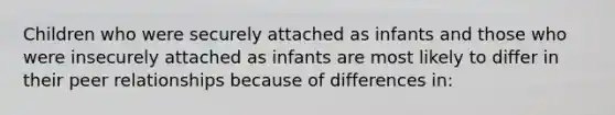 Children who were securely attached as infants and those who were insecurely attached as infants are most likely to differ in their peer relationships because of differences in: