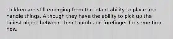 children are still emerging from the infant ability to place and handle things. Although they have the ability to pick up the tiniest object between their thumb and forefinger for some time now.