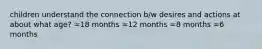 children understand the connection b/w desires and actions at about what age? =18 months =12 months =8 months =6 months