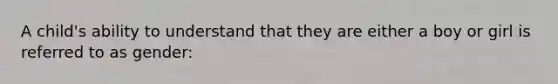 A child's ability to understand that they are either a boy or girl is referred to as gender: