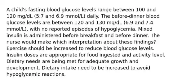 A child's fasting blood glucose levels range between 100 and 120 mg/dL (5.7 and 6.9 mmol/L) daily. The before-dinner blood glucose levels are between 120 and 130 mg/dL (6.9 and 7.4 mmol/L), with no reported episodes of hypoglycemia. Mixed insulin is administered before breakfast and before dinner. The nurse would make which interpretation about these findings? Exercise should be increased to reduce blood glucose levels. Insulin doses are appropriate for food ingested and activity level. Dietary needs are being met for adequate growth and development. Dietary intake need to be increased to avoid hypoglycemic reactions.