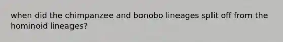 when did the chimpanzee and bonobo lineages split off from the hominoid lineages?