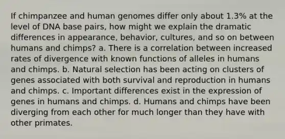 If chimpanzee and human genomes differ only about 1.3% at the level of DNA base pairs, how might we explain the dramatic differences in appearance, behavior, cultures, and so on between humans and chimps? a. There is a correlation between increased rates of divergence with known functions of alleles in humans and chimps. b. Natural selection has been acting on clusters of genes associated with both survival and reproduction in humans and chimps. c. Important differences exist in the expression of genes in humans and chimps. d. Humans and chimps have been diverging from each other for much longer than they have with other primates.